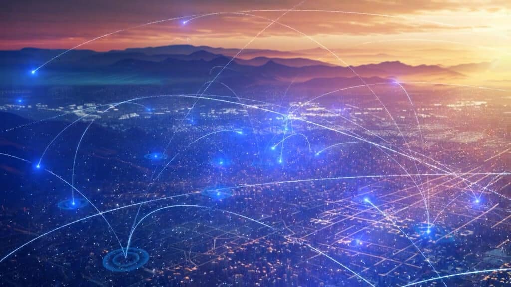 cityscape at sunset with network connection points